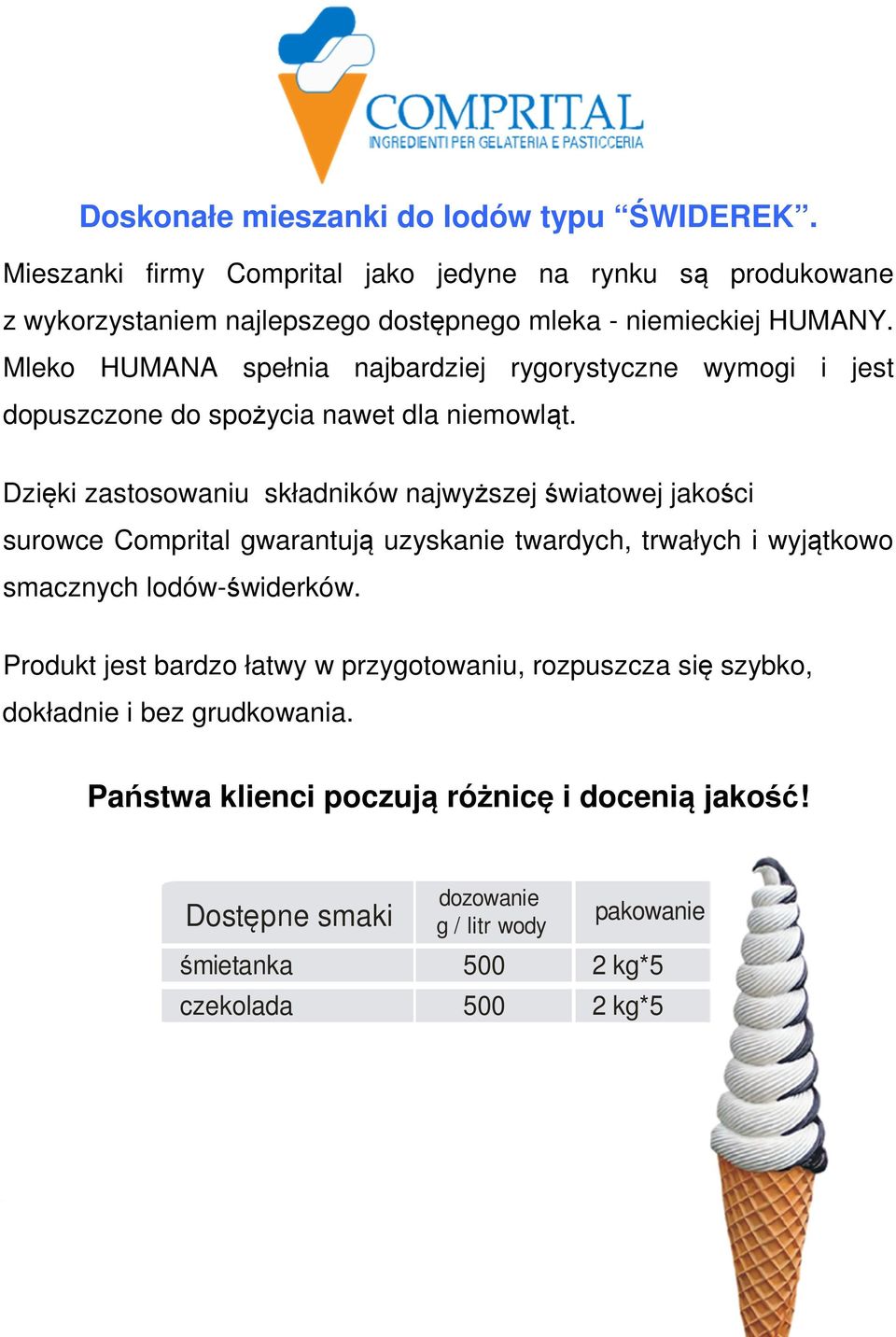 jakości surowce Comprital gwarantują uzyskanie twardych, trwałych i wyjątkowo smacznych lodów-świderków Produkt jest bardzo łatwy w przygotowaniu, rozpuszcza się