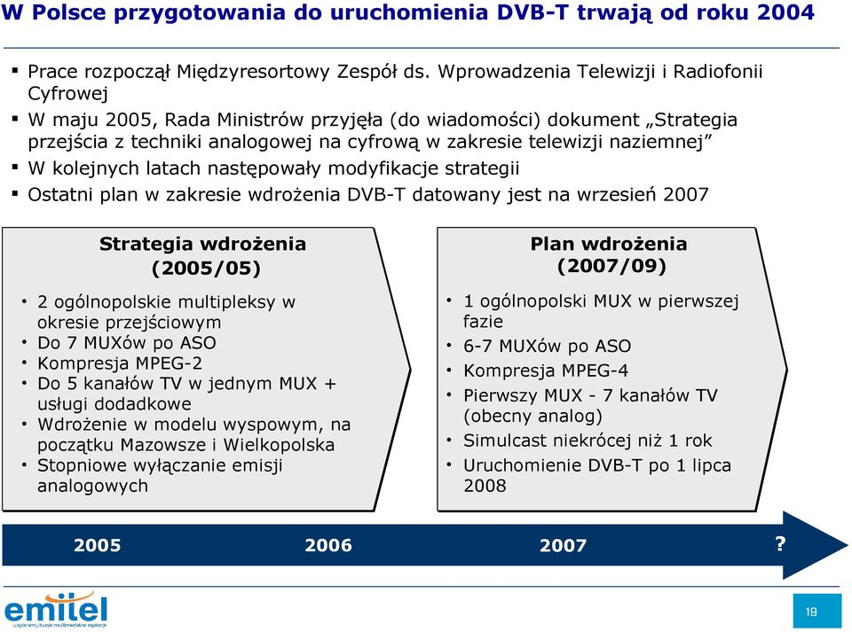 kolejnych latach następowały modyfikacje strategii Ostatni plan w zakresie wdrożenia DVB-T datowany jest na wrzesień 2007 Strategia wdrożenia (2005/05) 2 ogólnopolskie multipleksy w okresie