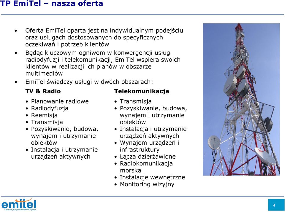 Telekomunikacja Transmisja Pozyskiwanie, budowa, wynajem i utrzymanie obiektów Instalacja i utrzymanie urządzeń aktywnych Wynajem urządzeń i infrastruktury Łącza dzierżawione