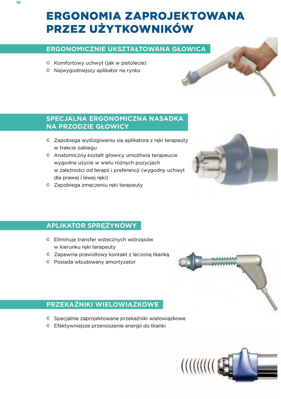 zależności od terapii i preferencji (wygodny uchwyt dla prawej i lewej ręki) zapobiega zmęczeniu ręki terapeuty aplikator Sprężynowy eliminuje transfer wstecznych wstrząsów w kierunku ręki