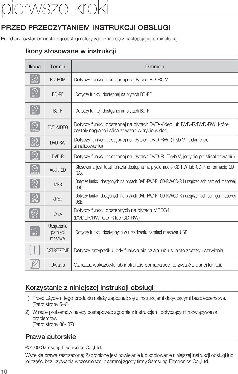 f BD-R Dotyczy funkcji dostępnej na płytach BD-R. Z -VIDEO Dotyczy funkcji dostępnej na płytach -Video lub -R/-RW, które zostały nagrane i sfi nalizowane w trybie wideo.