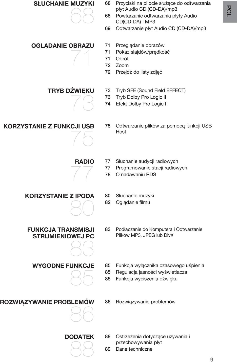 Dolby Pro Logic II KORZYSTANIE Z FUNKCJI USB 75 75 Odtwarzanie plików za pomocą funkcji USB Host RADIO 77 77 KORZYSTANIE Z IPODA 80 80 FUNKCJA TRANSMISJI STRUMIENIOWEJ PC 83 WYGODNE FUNKCJE 85 85