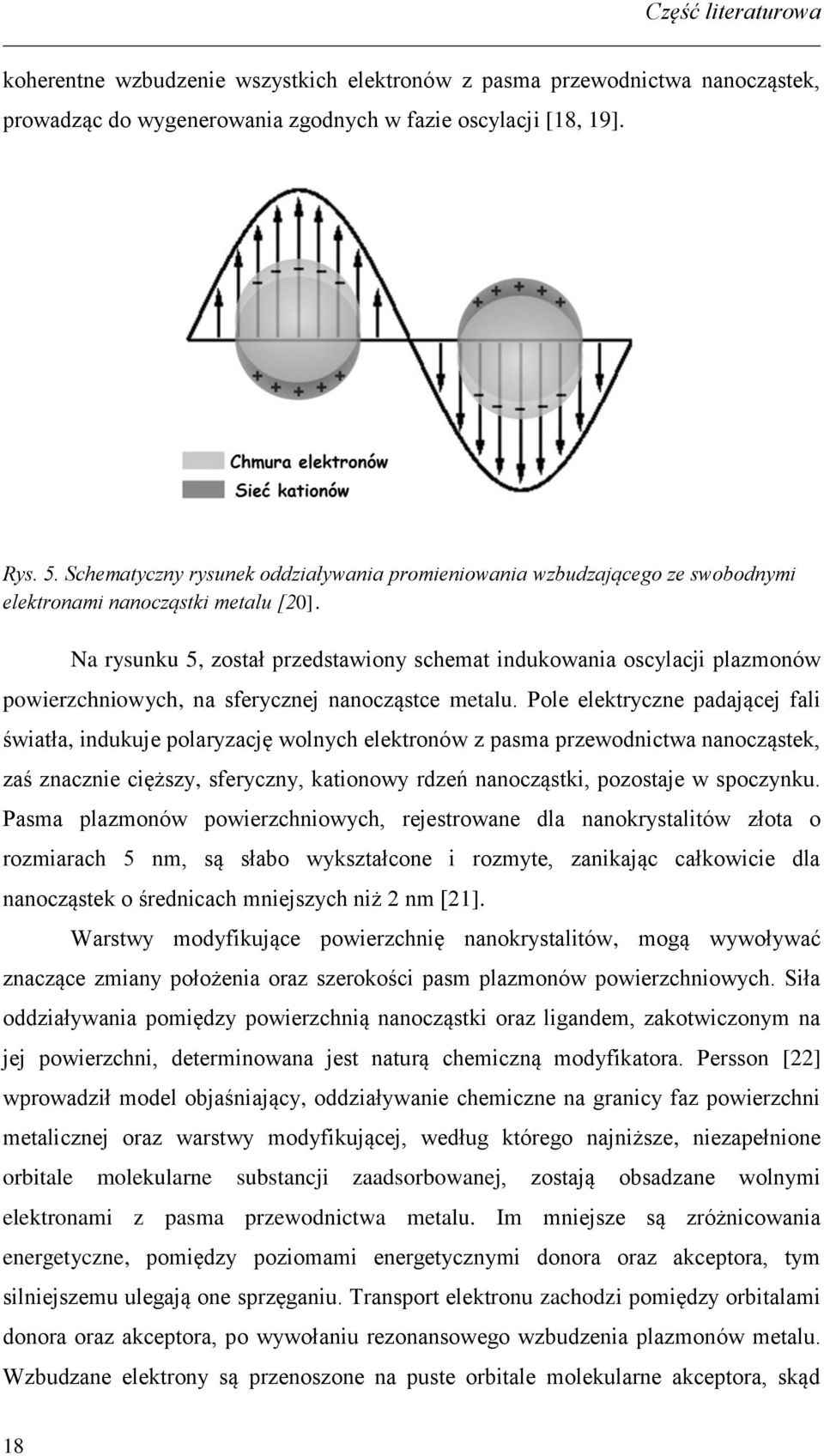 Na rysunku 5, został przedstawiony schemat indukowania oscylacji plazmonów powierzchniowych, na sferycznej nanocząstce metalu.