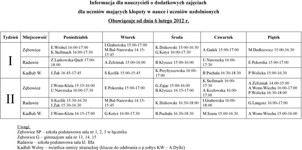 Dzikowski - A.Gadek 15:00- M.Dudkiewicz 15:00- U.Nawrocka - E.Pokorska 15:00- B.Puchała -18:30 P.Wolicka 15:00- K.Stellmach - A.Kozłowska -.Grabowska - A.Żeliźniak 14:00-15:00 A.Wons-Wiecha - P.