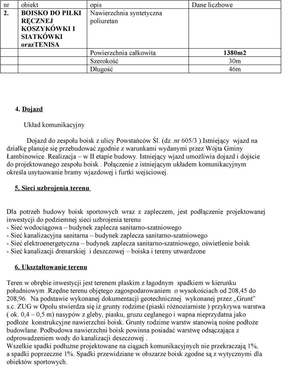 Realizacja w II etapie budowy. Istniejący wjazd umożliwia dojazd i dojście do projektowanego zespołu boisk.