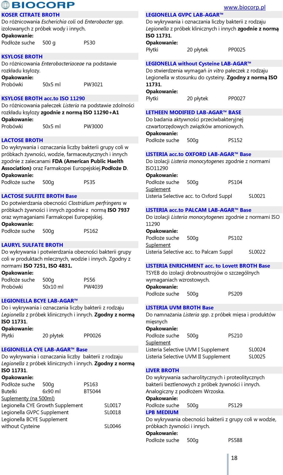 to ISO 11290 Do różnicowania pałeczek Listeria na podstawie zdolności rozkładu ksylozy zgodnie z normą ISO 11290+A1 Probówki 50x5 ml PW3000 LACTOSE BROTH Do wykrywania i oznaczania liczby bakterii