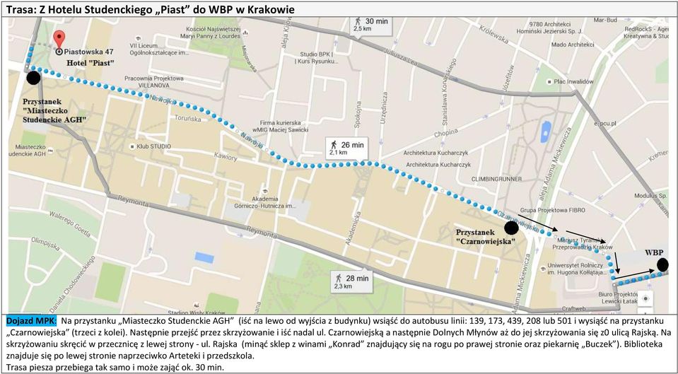 Czarnowiejską a następnie Dolnych Młynów aż do jej skrzyżowania się z0 ulicą Rajską. Na skrzyżowaniu skręcić w przecznicę z lewej strony - ul.