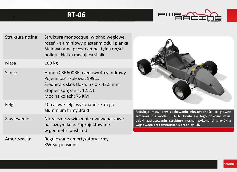 2:1 Moc na kołach: 75 KM 10-calowe felgi wykonane z kutego aluminium firmy Braid Niezależne zawieszenie dwuwahaczowe na każdym kole. Zaprojektowane w geometrii push rod.