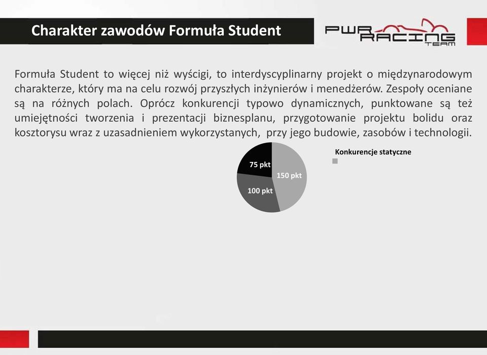 Oprócz konkurencji typowo dynamicznych, punktowane są też umiejętności tworzenia i prezentacji biznesplanu, przygotowanie projektu bolidu oraz kosztorysu wraz z uzasadnieniem wykorzystanych, przy