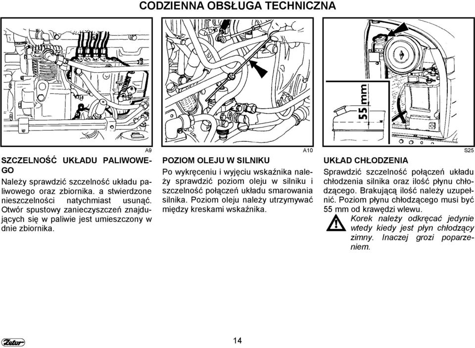 A9 A10 S25 POZIOM OLEJU W SILNIKU Po wykręceniu i wyjęciu wskaźnika należy sprawdzić poziom oleju w silniku i szczelność połączeń układu smarowania silnika.