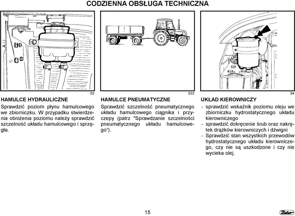S3 S33 S4 HAMULCE PNEUMATYCZNE Sprawdzić szczelność pneumatycznego układu hamulcowego ciągnika i przyczepy (patrz "Sprawdzanie szczelności pneumatycznego układu