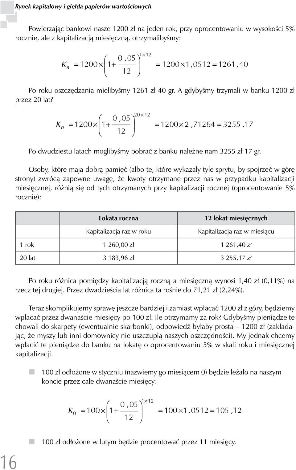 20 12 K n = 1200 1+ 0, 05 = 1200 2, 71264 = 3255, 17 12 Po dwudziestu latach moglibyśmy pobrać z banku należne nam 3255 zł 17 gr.