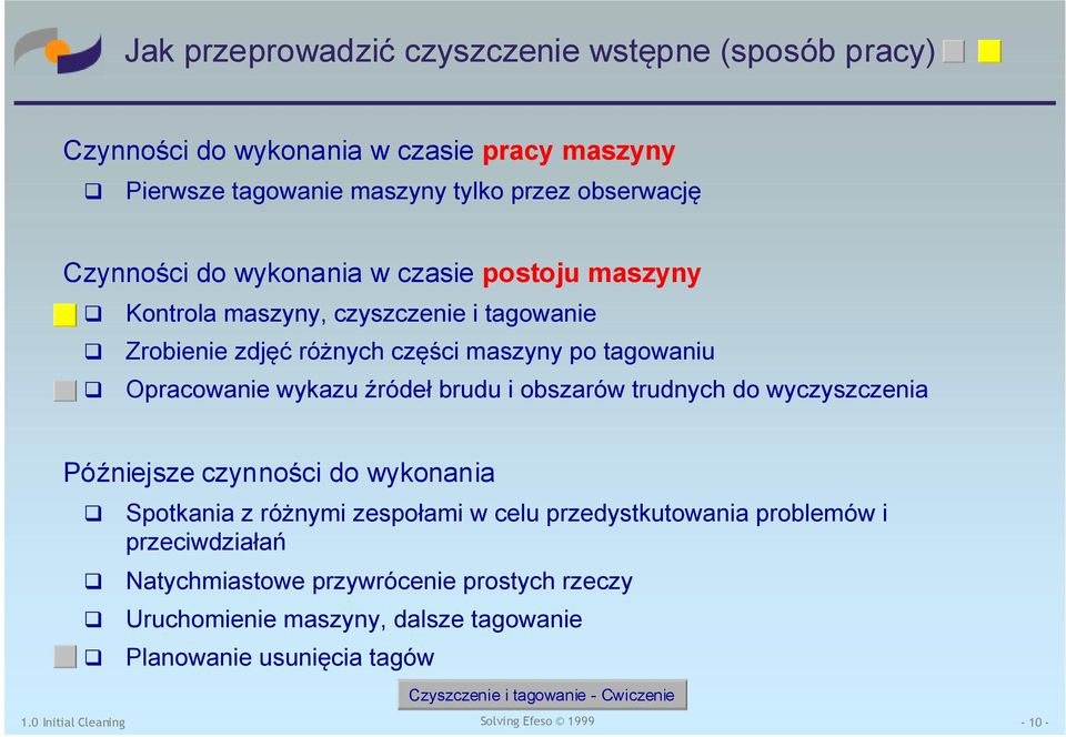 wykazu źródeł brudu i obszarów trudnych do wyczyszczenia Późniejsze czynności do wykonania Spotkania z różnymi zespołami w celu przedystkutowania problemów