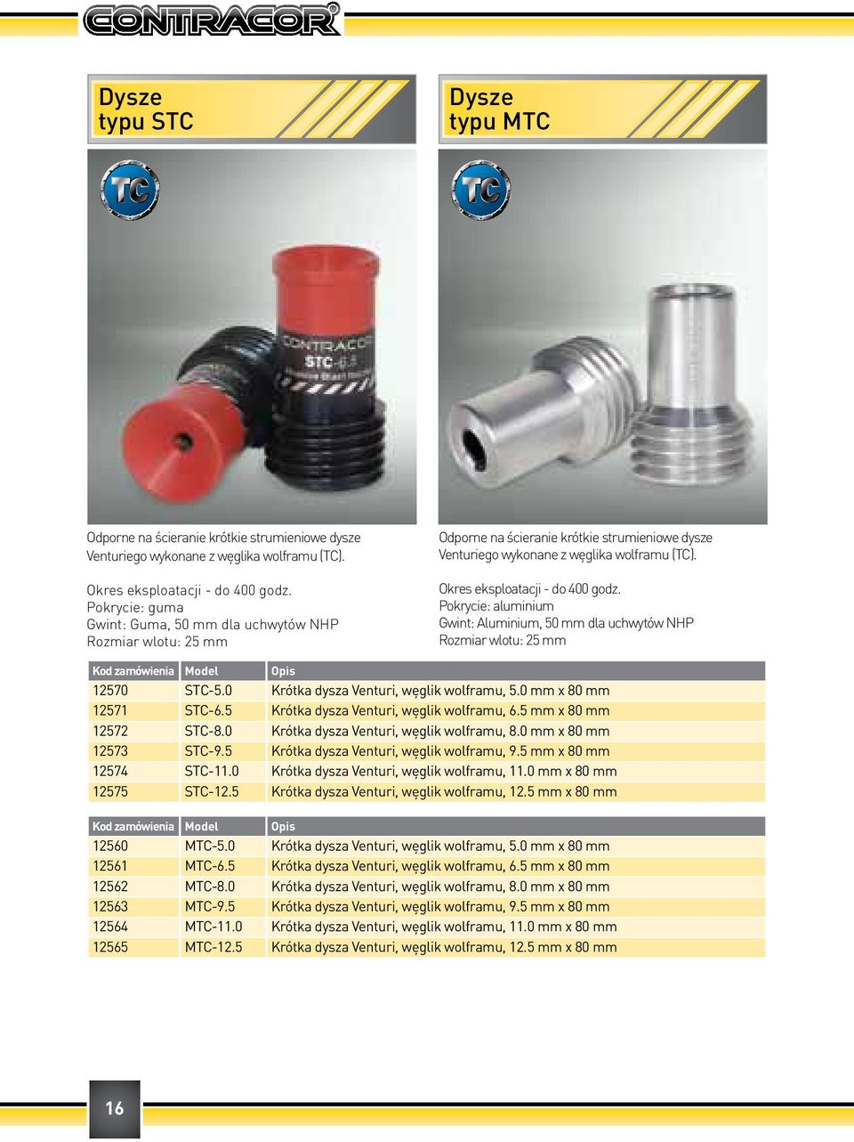 Pokrycie: aluminium Gwint: Aluminium, 50 mm dla uchwytów NHP Rozmiar wlotu: 25 mm 12570 STС-5.0 Krótka dysza Venturi, węglik wolframu, 5.0 mm x 80 mm 12571 SТС-6.