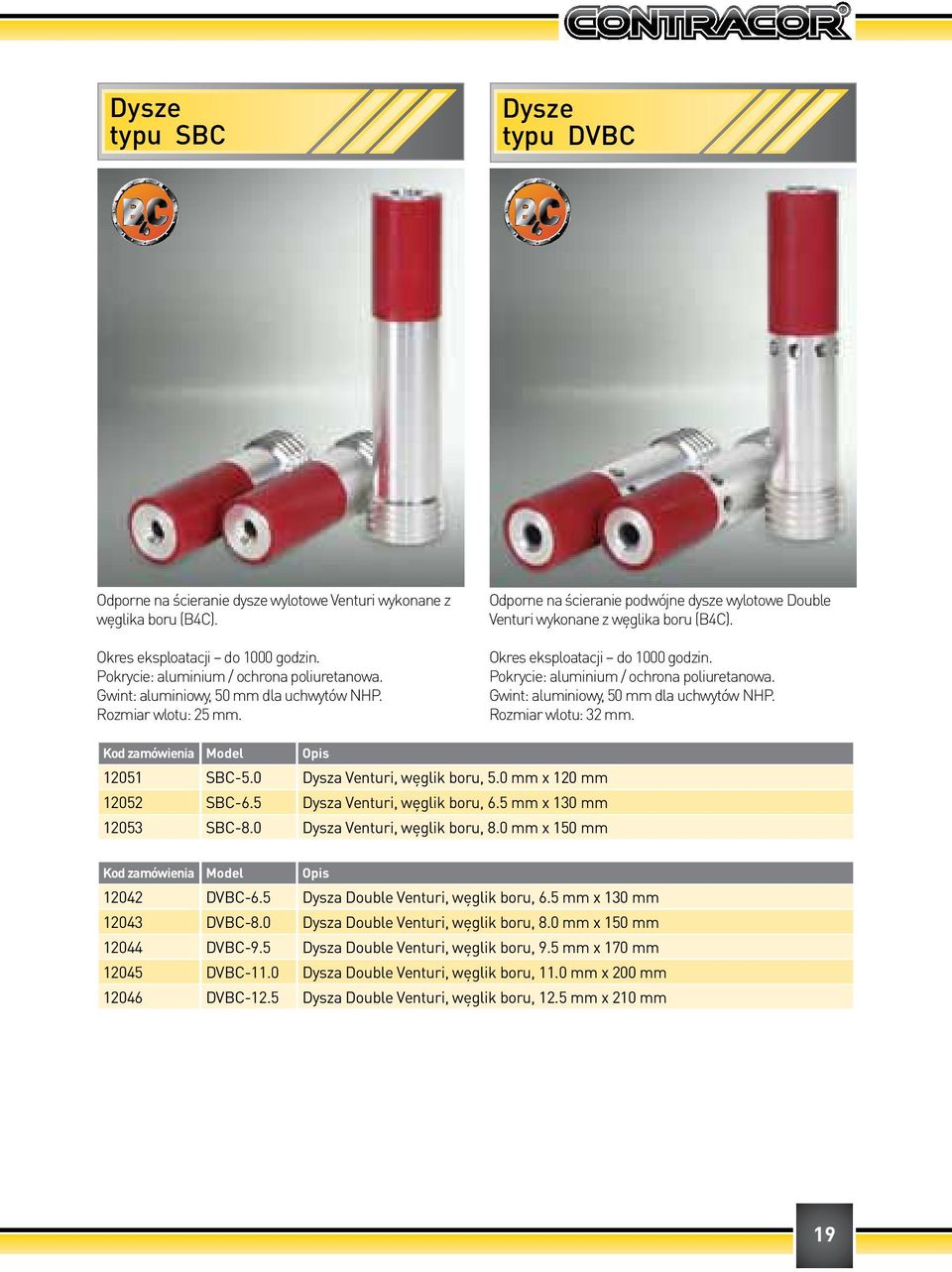 Pokrycie: aluminium / ochrona poliuretanowa. Gwint: aluminiowy, 50 mm dla uchwytów NHP. Rozmiar wlotu: 32 mm. 12051 SBC-5.0 Dysza Venturi, węglik boru, 5.0 mm x 120 mm 12052 SBC-6.