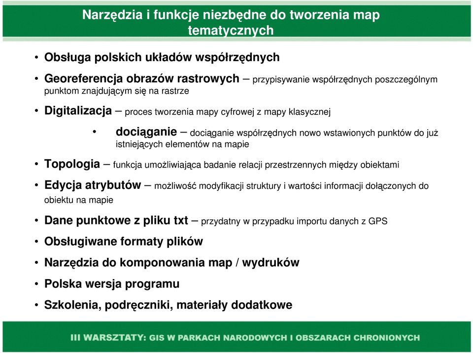 Topologia funkcja umożliwiająca badanie relacji przestrzennych między obiektami Edycja atrybutów możliwość modyfikacji struktury i wartości informacji dołączonych do obiektu na mapie Dane