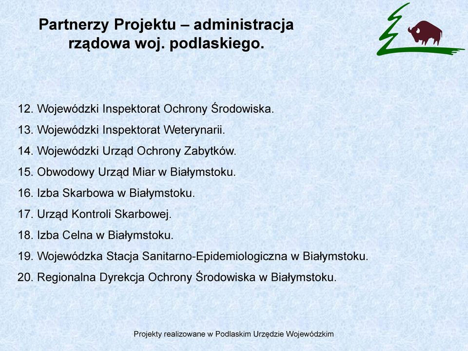 Obwodowy Urząd Miar w Białymstoku. 16. Izba Skarbowa w Białymstoku. 17. Urząd Kontroli Skarbowej. 18.