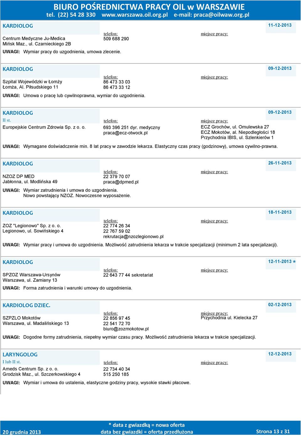 medyczny KARDIOLOG NZOZ DP MED Jabłonna, ul. Modlińska 49 22 379 70 07 praca@dpmed.pl Nowo powstający NZOZ. Nowoczesne wyposażenie. KARDIOLOG ZOZ "Legionowo" Sp. z o. o. Legionowo, ul.