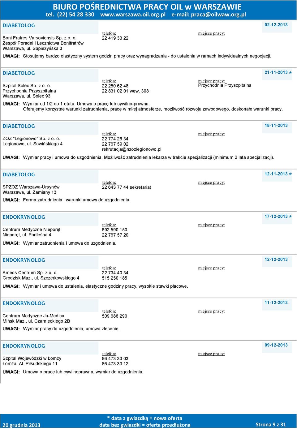 Solec 93 22 250 62 48 22 831 02 01 wew. 308 Przychodnia Przyszpitalna 21-11-2013 Wymiar od 1/2 do 1 etatu. Umowa o pracę lub cywilno-prawna.