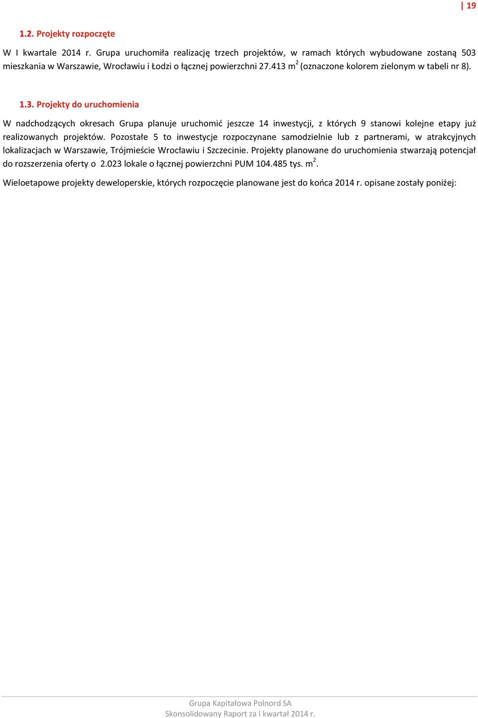 413 m 2 (oznaczone kolorem zielonym w tabeli nr 8). 1.3. Projekty do uruchomienia W nadchodzących okresach Grupa planuje uruchomić jeszcze 14 inwestycji, z których 9 stanowi kolejne etapy już realizowanych projektów.