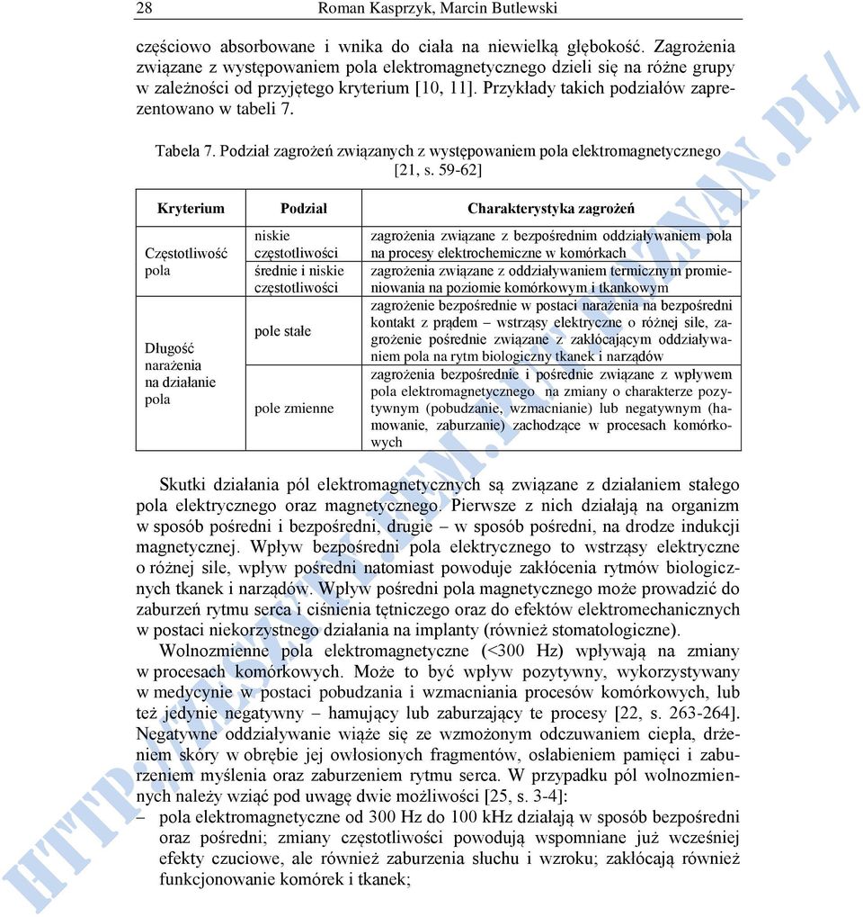 Podział zagrożeń związanych z występowaniem pola elektromagnetycznego [21, s.