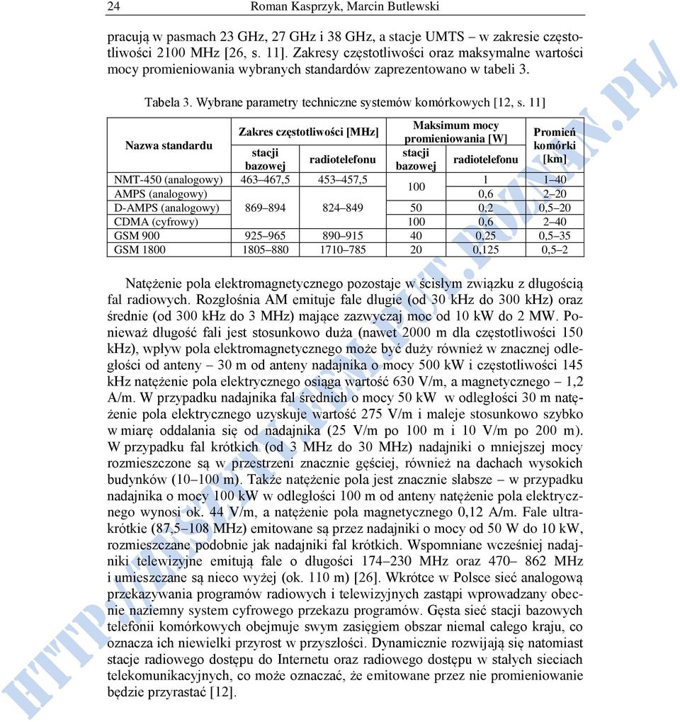 11] Nazwa standardu Maksimum mocy Zakres częstotliwości [MHz] Promień promieniowania [W] komórki stacji stacji radiotelefonu radiotelefonu [km] bazowej bazowej NMT-450 (analogowy) 463 467,5 453 457,5