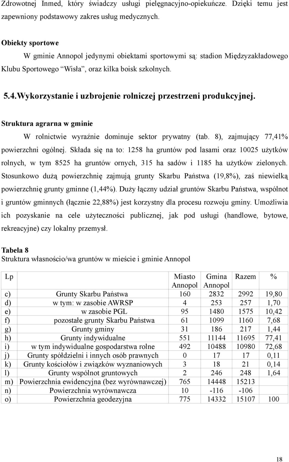 Wykorzystanie i uzbrojenie rolniczej przestrzeni produkcyjnej. Struktura agrarna w gminie W rolnictwie wyraźnie dominuje sektor prywatny (tab. 8), zajmujący 77,41% powierzchni ogólnej.