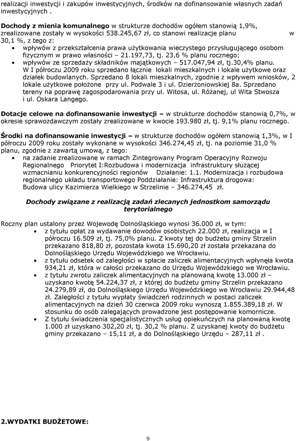 245,67 zł, co stanowi realizacje planu w 30,1 %, z tego z: wpływów z przekształcenia prawa użytkowania wieczystego przysługującego osobom fizycznym w prawo własności 21.197,73, tj.