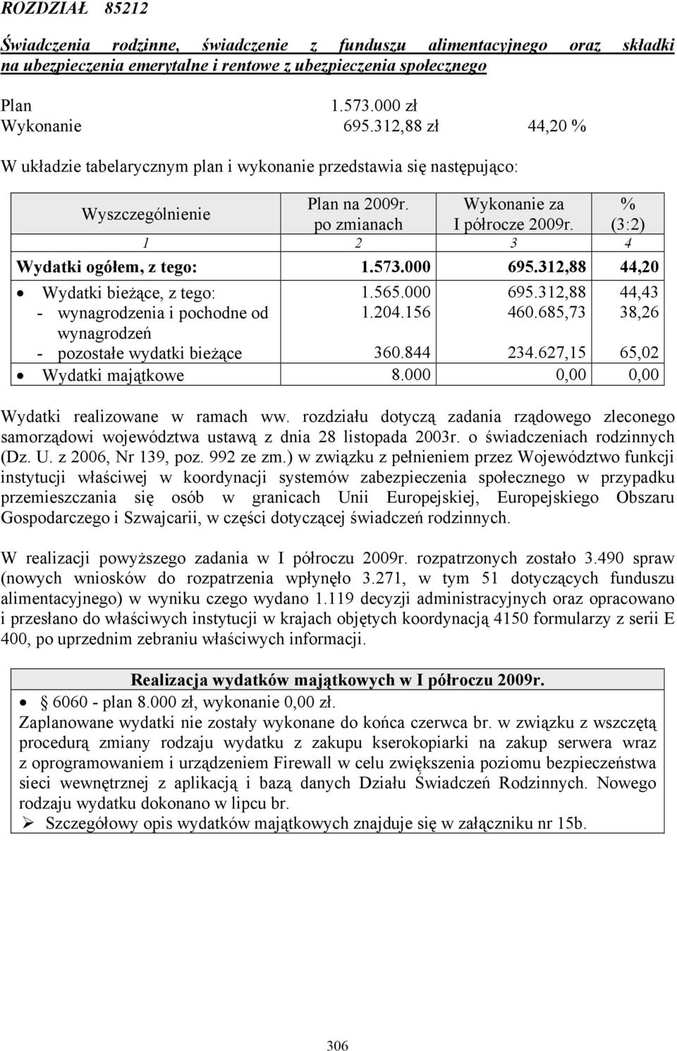 (3:2) 1 2 3 4 Wydatki ogółem, z tego: 1.573.000 695.312,88 44,20 Wydatki bieżące, z tego: - wynagrodzenia i pochodne od wynagrodzeń - pozostałe wydatki bieżące 1.565.000 1.204.156 695.312,88 460.