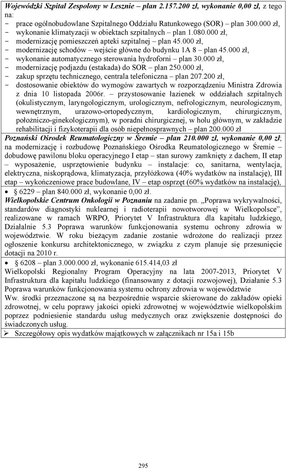 000 zł, - wykonanie automatycznego sterowania hydroforni plan 30.000 zł, - modernizację podjazdu (estakada) do SOR plan 250.000 zł, - zakup sprzętu technicznego, centrala telefoniczna plan 207.