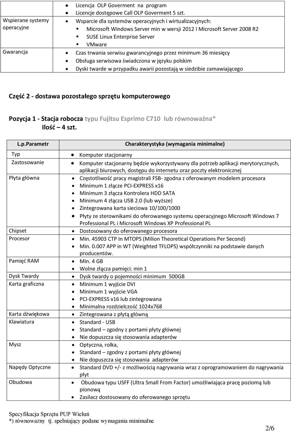 Gwarancja Czas trwania serwisu gwarancyjnego przez minimum 36 miesięcy Obsługa serwisowa świadczona w języku polskim Dyski twarde w przypadku awarii pozostają w siedzibie zamawiającego Część 2 -