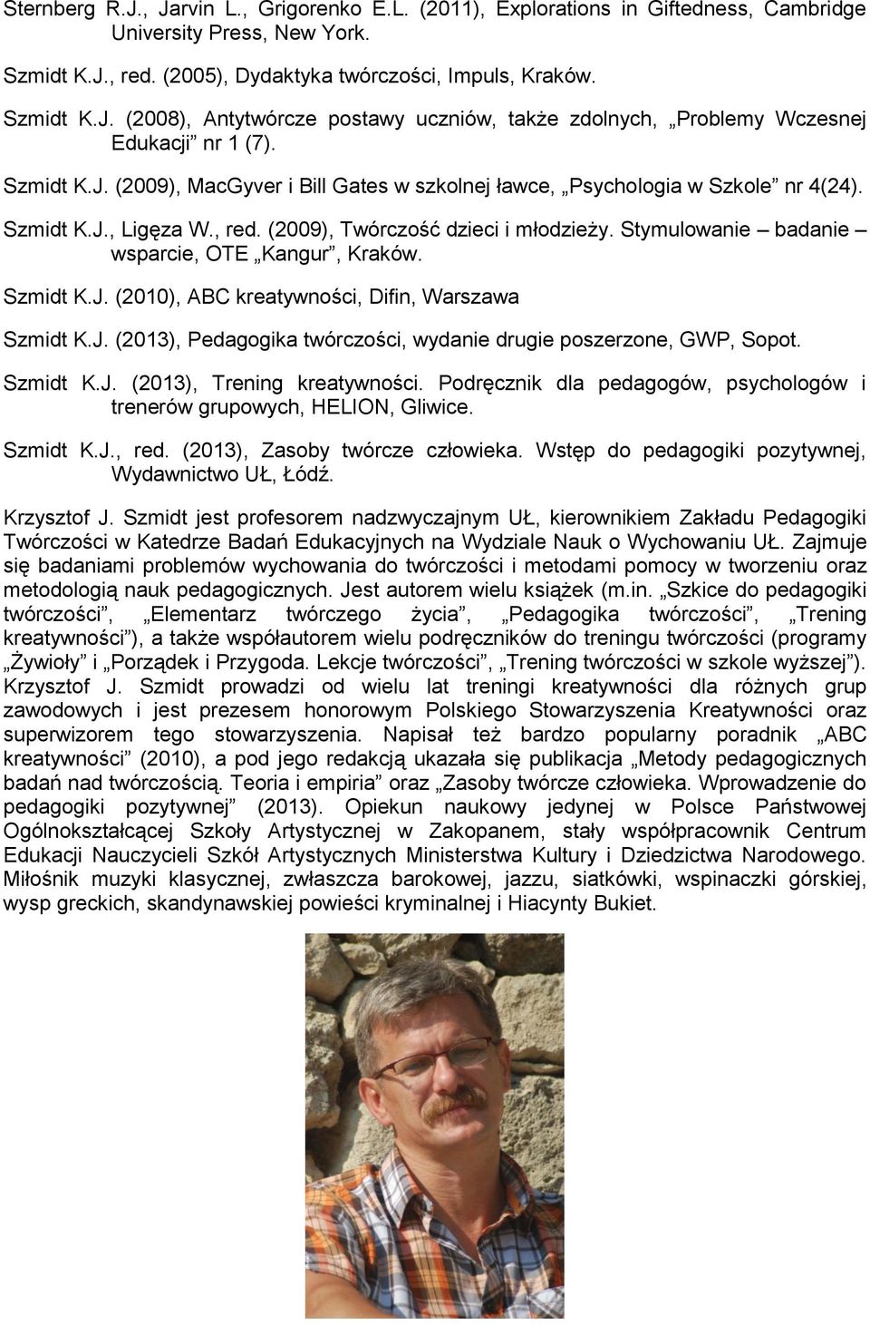 Stymulowanie badanie wsparcie, OTE Kangur, Kraków. Szmidt K.J. (2010), ABC kreatywności, Difin, Warszawa Szmidt K.J. (2013), Pedagogika twórczości, wydanie drugie poszerzone, GWP, Sopot. Szmidt K.J. (2013), Trening kreatywności.