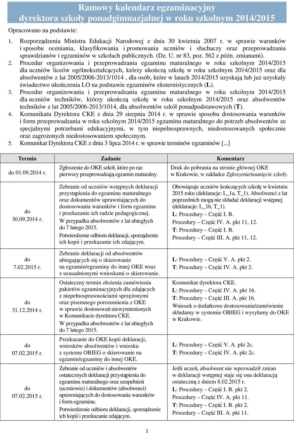 2. Procedur organizowania i przeprowadzania egzaminu maturalnego w roku szkolnym 2014/2015 dla uczniów liceów ogólnokształcących, którzy ukończą szkołę w roku szkolnym 2014/2015 oraz dla absolwentów