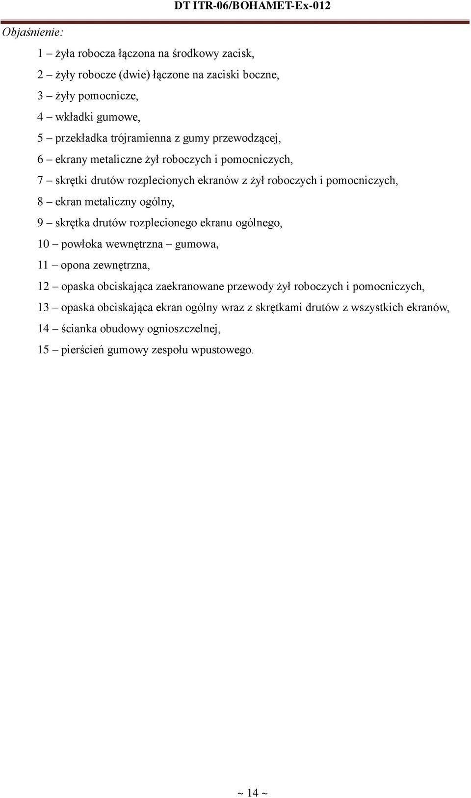 ogólny, 9 skrętka drutów rozplecionego ekranu ogólnego, 10 powłoka wewnętrzna gumowa, 11 opona zewnętrzna, 12 opaska obciskająca zaekranowane przewody żył roboczych i