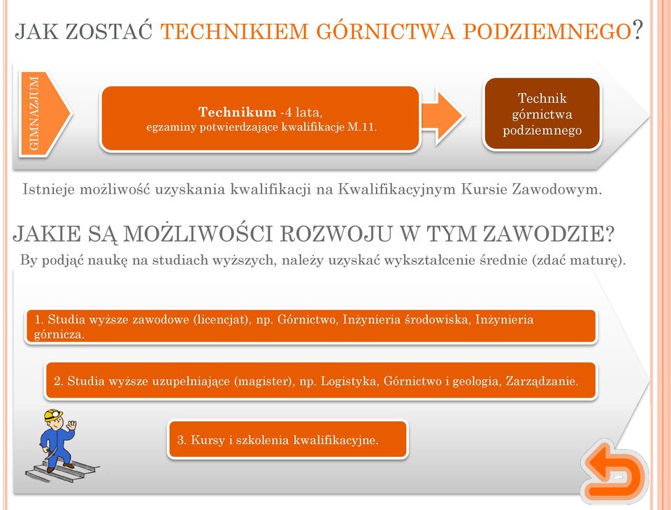 JAKIE SĄ MOŻLIWOŚCI ROZWOJU W TYM ZAWODZIE? By podjąć naukę na studiach wyższych, należy uzyskać wykształcenie średnie (zdać maturę). 1.