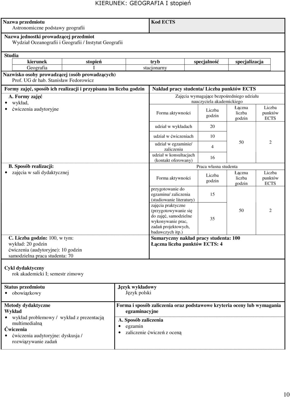 Formy zajęć wykład, ćwiczenia audytoryjne Nakład pracy studenta/ punktów ECTS Zajęcia wymagające bezpośredniego udziału nauczyciela akademickiego Łączna liczba udział w wykładach 20 punktów ECTS B.
