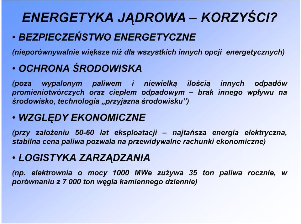 niewielką ilością innych odpadów promieniotwórczych oraz ciepłem odpadowym brak innego wpływu na środowisko, technologia przyjazna środowisku ) WZGLĘDY