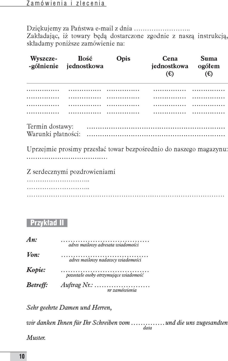 ogółem ( ) ( ) Termin dostawy: Warunki płatności: Uprzejmie prosimy przesłać towar bezpośrednio do naszego magazynu: Z serdecznymi pozdrowieniami Przykład II An: Von: