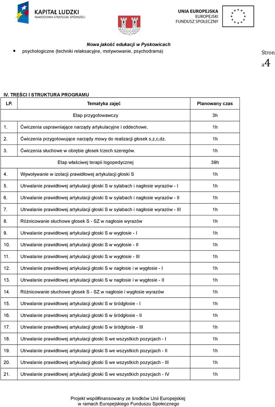 1h Etap właściwej terapii logopedycznej 39h 4. Wywoływanie w izolacji prawidłowej artykulacji głoski S 1h 5. Utrwalanie prawidłowej artykulacji głoski S w sylabach i nagłosie wyrazów - I 1h 6.