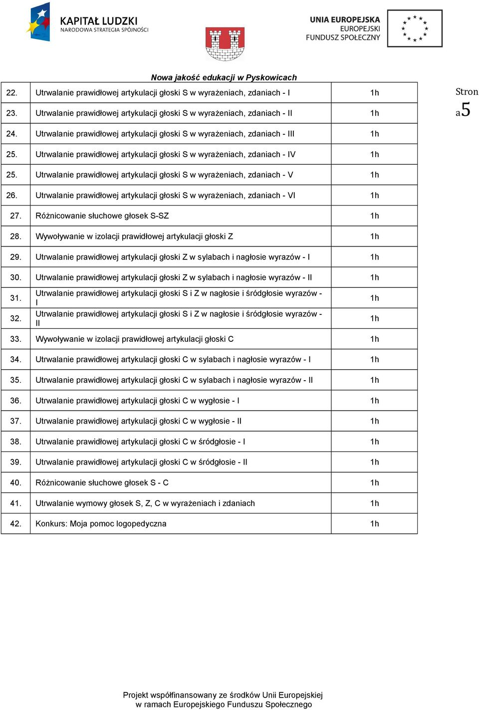 Utrwalanie prawidłowej artykulacji głoski S w wyrażeniach, zdaniach - V 1h 26. Utrwalanie prawidłowej artykulacji głoski S w wyrażeniach, zdaniach - VI 1h 27. Różnicowanie słuchowe głosek S-SZ 1h 28.