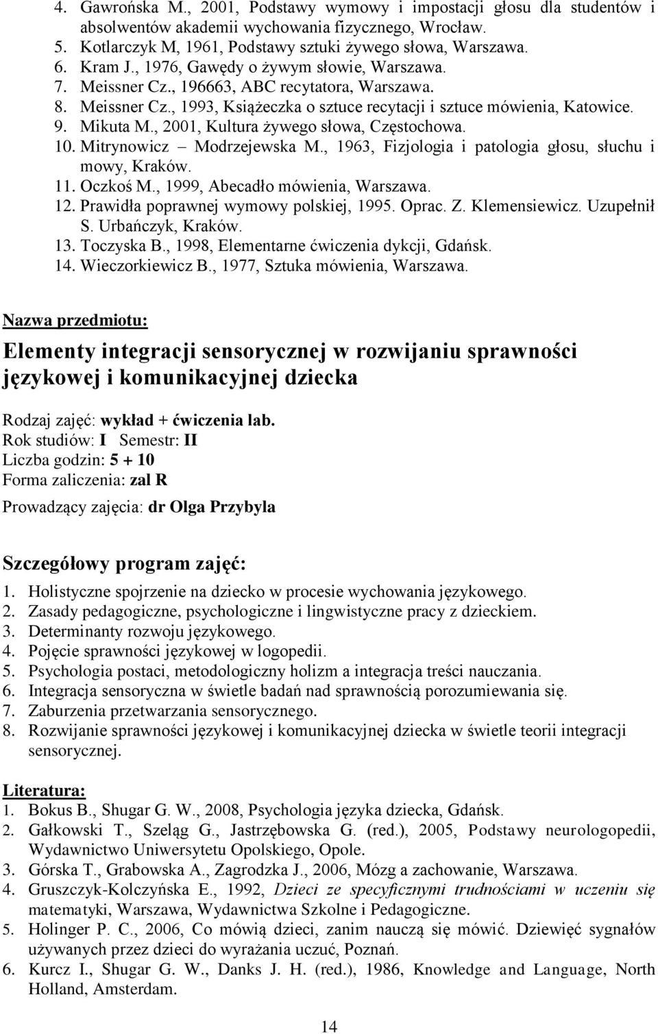 , 2001, Kultura żywego słowa, Częstochowa. 10. Mitrynowicz Modrzejewska M., 1963, Fizjologia i patologia głosu, słuchu i mowy, Kraków. 11. Oczkoś M., 1999, Abecadło mówienia, Warszawa. 12.