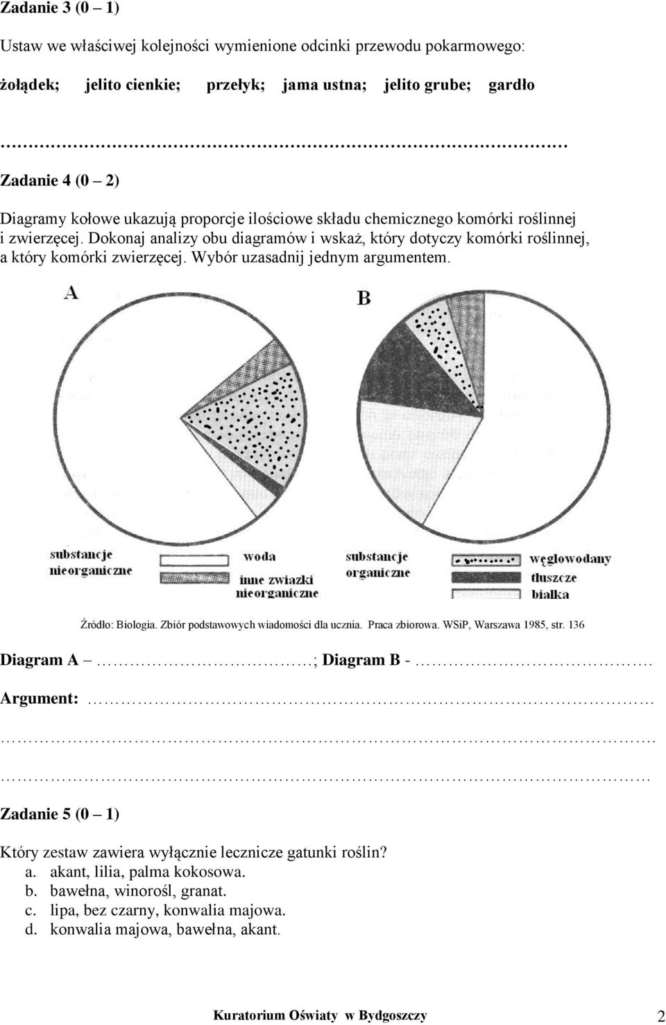 Wybór uzasadnij jednym argumentem. Źródło: Biologia. Zbiór podstawowych wiadomości dla ucznia. Praca zbiorowa. WSiP, Warszawa 1985, str. 136 Diagram A ; Diagram B -. Argument:.