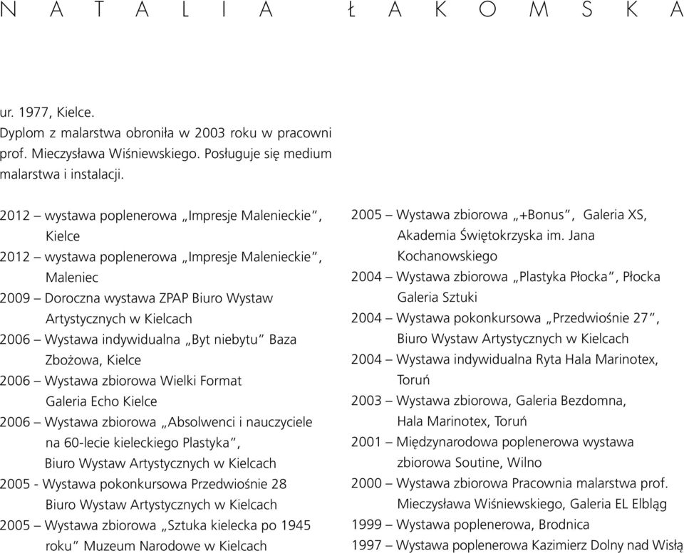 indywidualna Byt niebytu Baza Zbożowa, Kielce 2006 Wystawa zbiorowa Wielki Format Galeria Echo Kielce 2006 Wystawa zbiorowa Absolwenci i nauczyciele na 60-lecie kieleckiego Plastyka, Biuro Wystaw