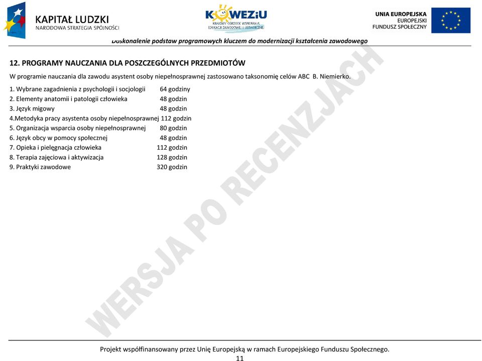 Metodyka pracy asystenta osoby niepełnosprawnej 112 godzin 5. Organizacja wsparcia osoby niepełnosprawnej 80 godzin 6. Język obcy w pomocy społecznej 48 godzin 7.