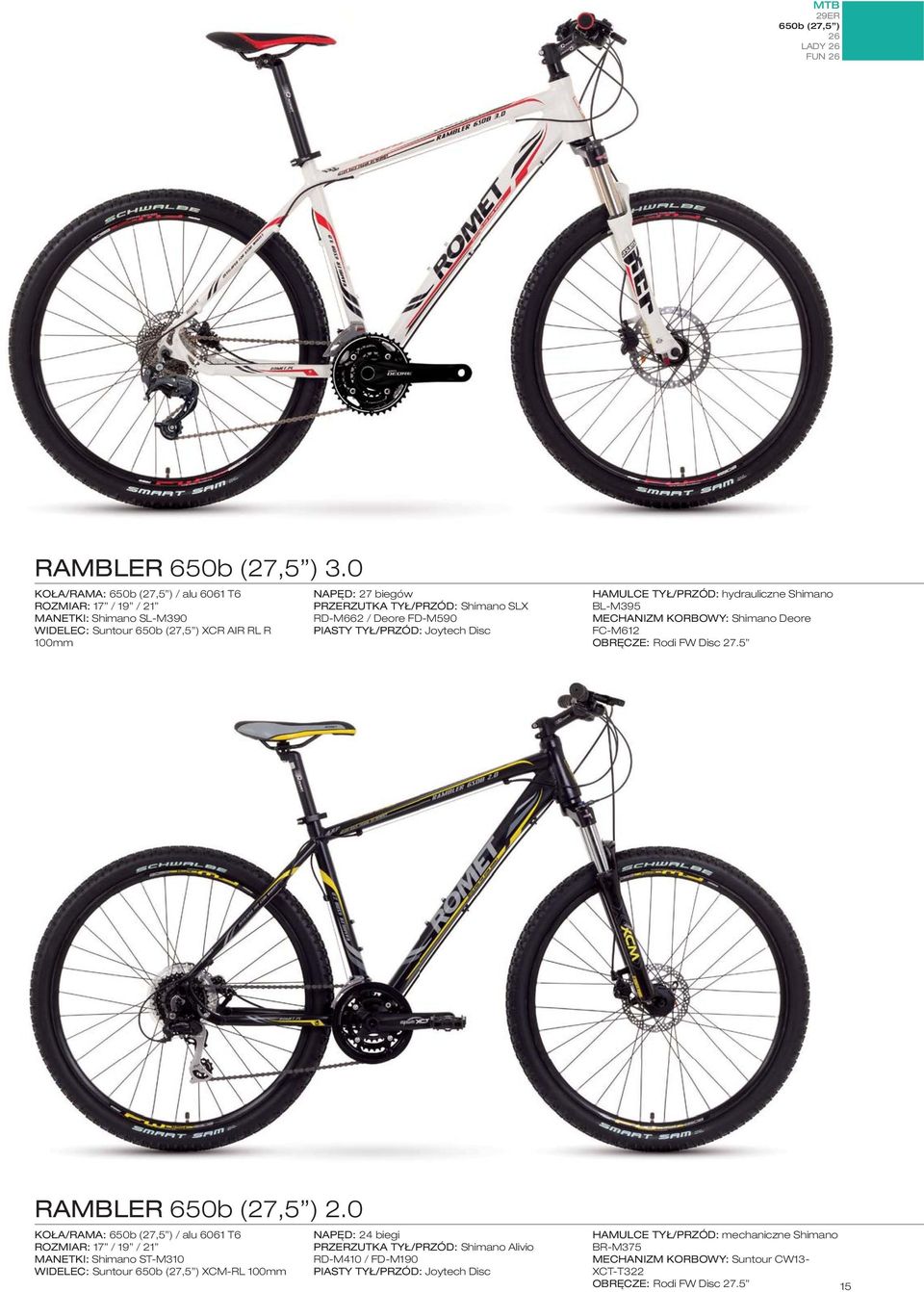 Deore FD-M590 PIASTY TYŁ/PRZÓD: Joytech Disc HAMULCE TYŁ/PRZÓD: hydrauliczne Shimano BL-M395 MECHANIZM KORBOWY: Shimano Deore FC-M612 OBRĘCZE: Rodi FW Disc 27.5 RAMBLER 650b (27,5 ) 2.