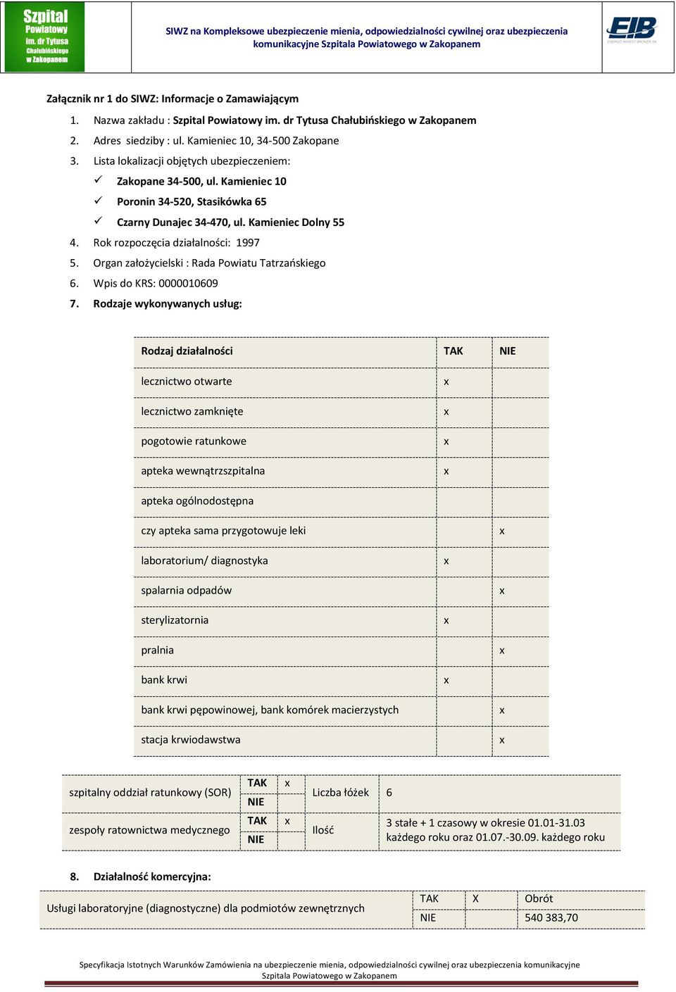 Organ założycielski : Rada Powiatu Tatrzańskiego 6. Wpis do KRS: 0000010609 7.