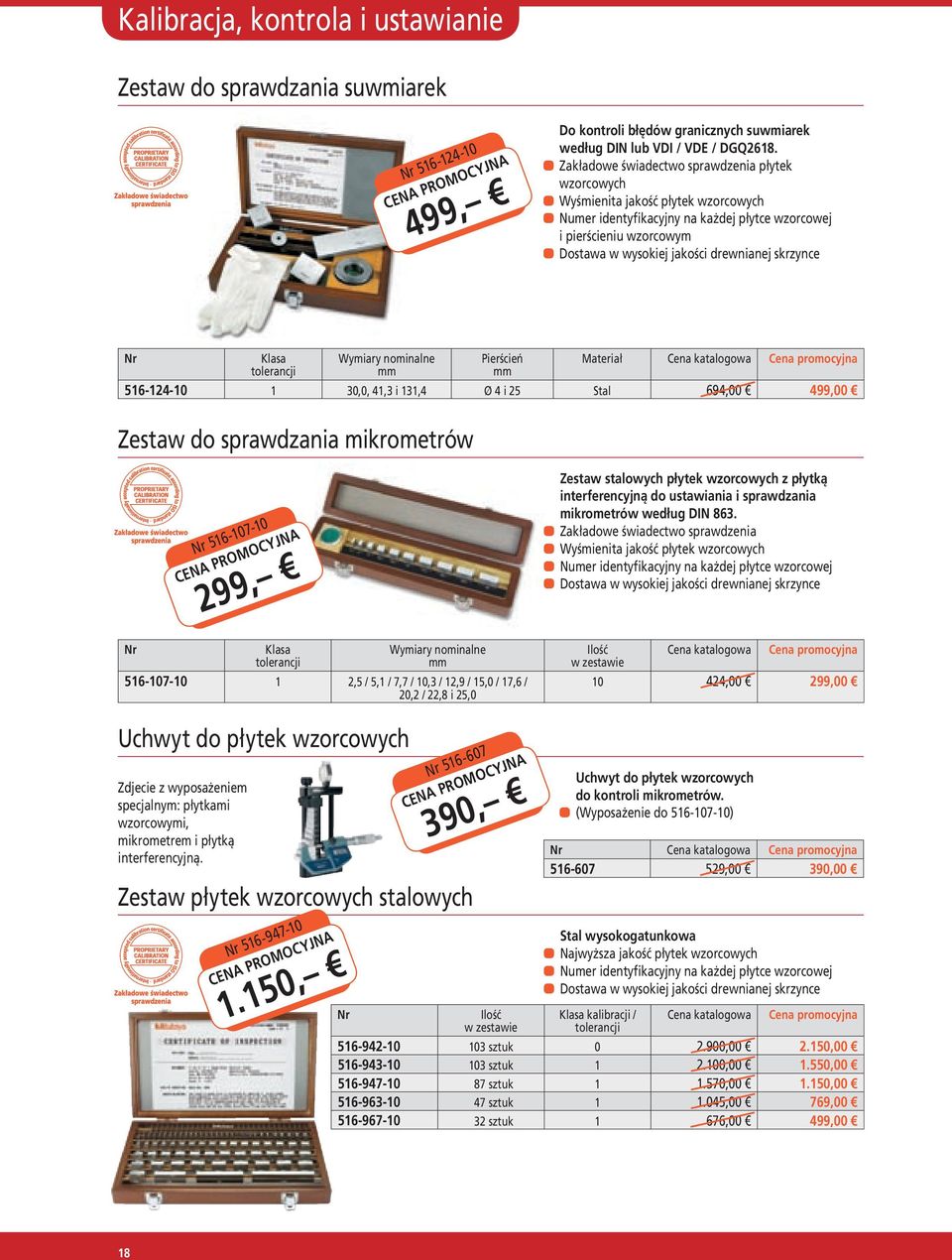 drewnianej skrzynce Klasa Wymiary nominalne Pierścień Materiał promocyjna tolerancji 516-124-10 1 30,0, 41,3 i 131,4 Ø 4 i 25 Stal 694,00 499,00 Zestaw do sprawdzania mikrometrów 516-107-10 299,