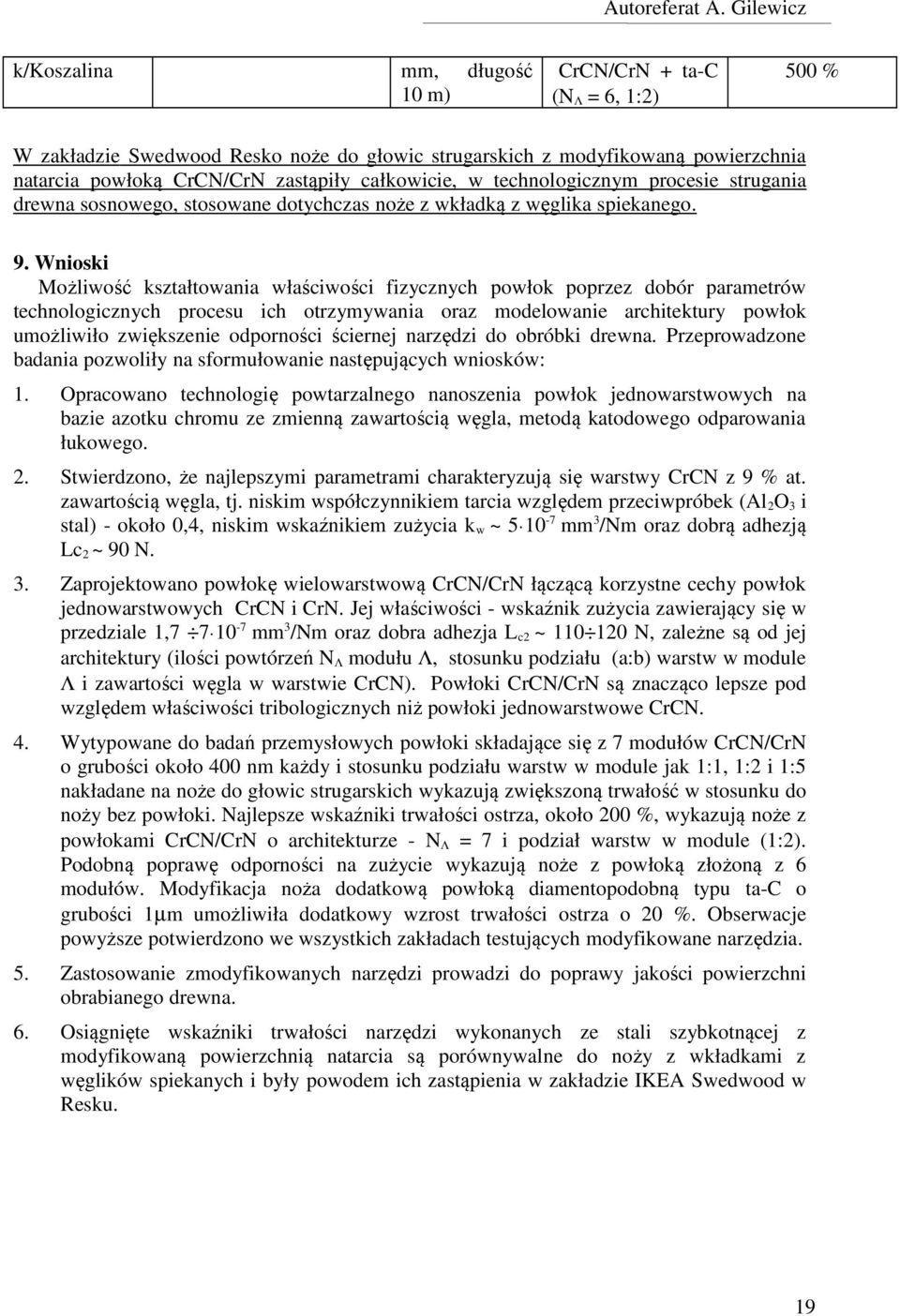 Wnioski Możliwość kształtowania właściwości fizycznych powłok poprzez dobór parametrów technologicznych procesu ich otrzymywania oraz modelowanie architektury powłok umożliwiło zwiększenie odporności