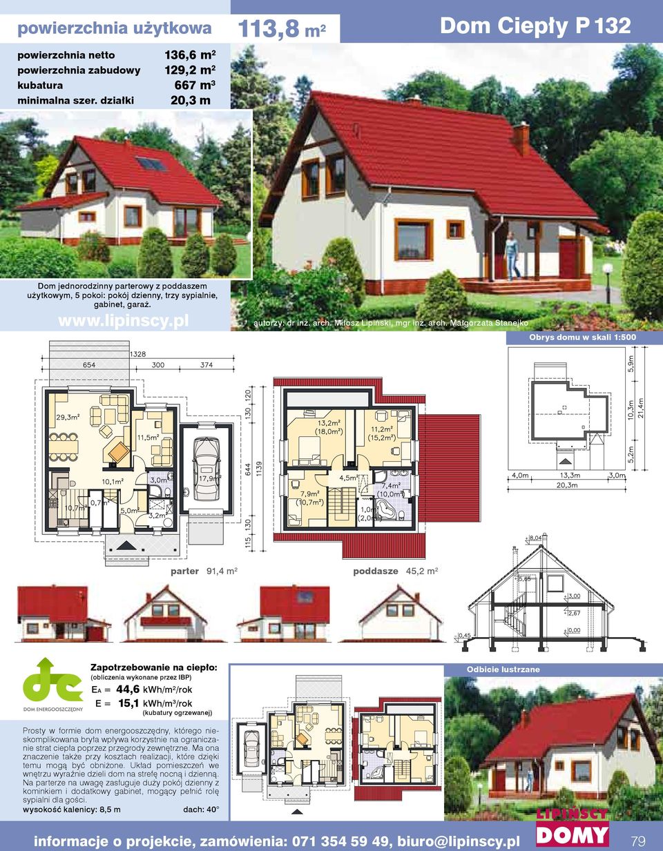 Małgorzata Stanejko parter 91,4 m 2 poddasze 45,2 m 2 EA = 44,6 kwh/m 2 /rok E = 15,1 kwh/m 3 /rok Prosty w formie dom energooszczędny, którego nieskomplikowana bryła wpływa korzystnie na