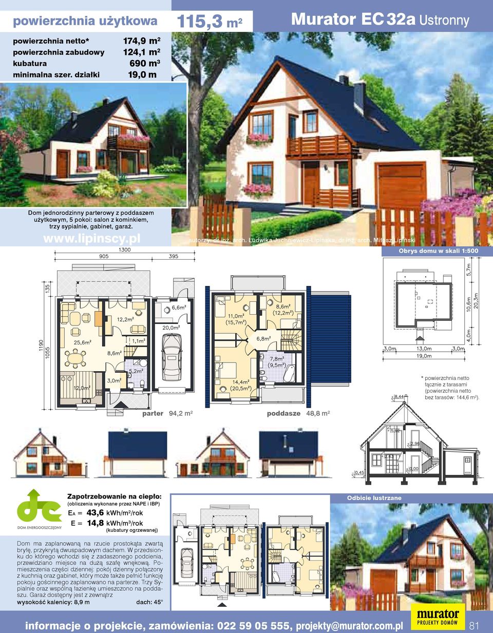 parter 94,2 m 2 poddasze 48,8 m 2 (obliczenia wykonane przez NAPE i IBP) EA = 43,6 kwh/m 2 /rok E = 14,8 kwh/m 3 /rok Dom ma zaplanowaną na rzucie prostokąta zwartą bryłę, przykrytą dwuspadowym